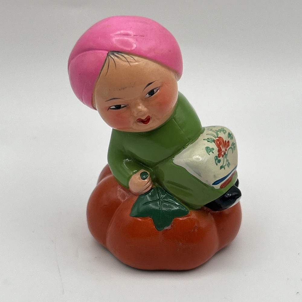 Vintage Ceramic Figurine Pencil Sharpener Asian Child on Pumpkin 1950s–70s Japan